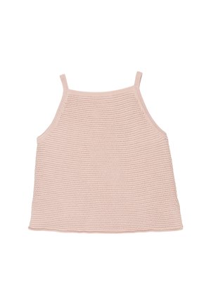 Top corto rosa chiaro in maglia senza maniche con spalline sottili e scollo quadrato, steso su uno sfondo bianco.