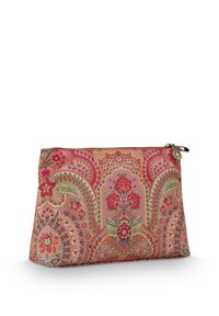 Gevoerd zakje van stof met een bloemen- en paisleyprint in tinten roze, rood en groen, met gedetailleerde afwerking.