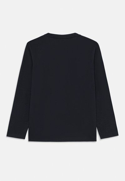 Schwarzes Langarm-T-Shirt, Rundhals, aus glattem Baumwollstoff. Hat ein schlichtes Design ohne sichtbare Muster oder Akzente.