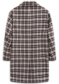 Wollmischungsjacke mit einem braun-schwarz-weißen Karomuster, langen Ärmeln und Kragen, die eine weiche, strukturierte Oberfläche zeigt.