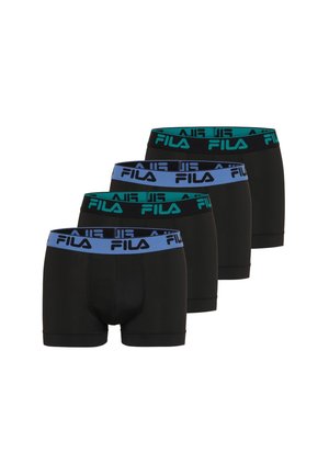 Quatre paires de boxers noirs avec ceintures élastiques en bleu et vert, chacune avec le logo FILA.