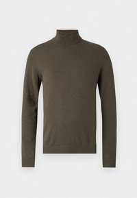 Olivově zelený svetr s rolákem vyrobený z měkké pleteniny. Má dlouhé rukávy a žebrované manžety a lem, což vytváří přiléhavý design.