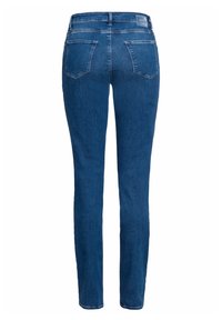 Modré denimové skinny džíny s hladkým povrchem, designem s pěti kapsami a středně vysokým pasem. Obsahuje štítek na zadní straně.