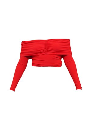 Červený top bez ramínek s nařaseným předním designem, dlouhými vypasovanými rukávy a vyrobený z měkkého, elastického materiálu. Hladký povrch po celém topu.