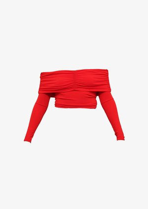 Red off-the-shoulder top with a gathered front design, long fitted sleeves, and made from soft, stretchy material. Smooth texture throughout.