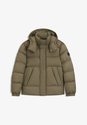 Padded olive green jacket with a hood, featuring a high collar, zip closure, side pockets, and elastic cuffs. Smooth, weather-resistant fabric.