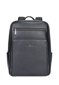 Zaino in pelle nera con superficie testurizzata, due spallacci regolabili, manico superiore, tasca frontale con zip e dettagli del logo discreti sul davanti.