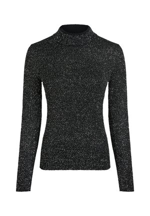 Pull ajusté noir et gris tacheté à manches longues avec un col rond haut.