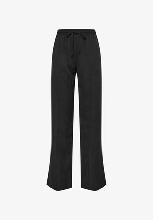 Zwarte wijde broek met een trekkoord in de taille, een gladde textuur en geen zichtbare patronen of accenten. Ontworpen voor een losse pasvorm.