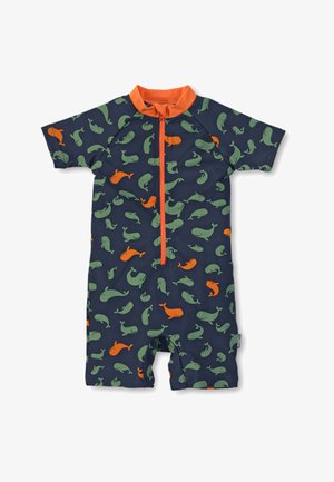 Navy blue short-sleeved wetsuit with a front zipper; features green and orange whale prints; includes an orange collar and trim.