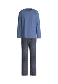 Blauw shirt met lange mouwen en zak, gecombineerd met een patroon van marineblauwe broek met een draaipatroon in witte en rode accenten. Zacht materiaal, losse pasvorm.