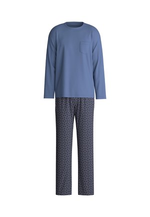 Langärmliges blaues Oberteil mit Tasche und gemusterten marineblauen Hosen mit einem Wirbelmuster in Weiß und roten Akzenten. Weicher Stoff, entspannter Schnitt.