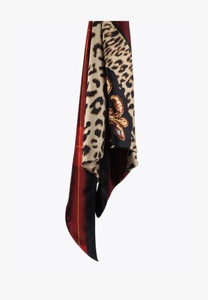 Seidenschal mit beiger Leopardenoptik und floralen Motiven in Rot und Schwarz, dazu ein kariertes Muster entlang der Ränder.