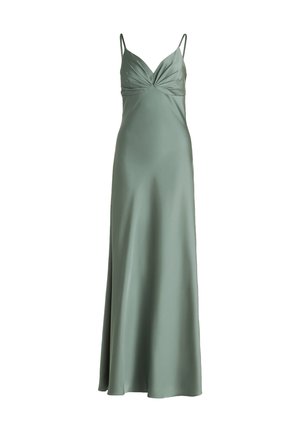 Satin grøn maxi kjole med tynde stropper, der har et drejet frontdesign og en glat, flydende silhuet. Ingen udsmykninger eller mønstre.