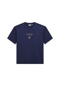 Navyblauwe T-shirt met korte mouwen met de tekst "GUESS originals" en een driehoekig logo op de middenvoor.