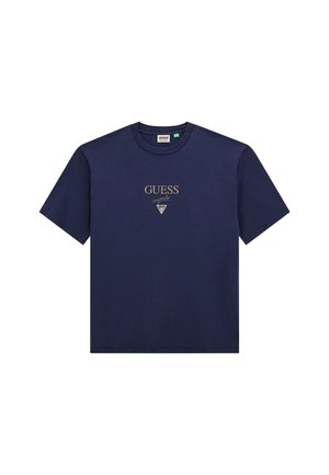 Navy blue short-sleeve t-shirt with "GUESS originals" text and triangular logo in the center front.