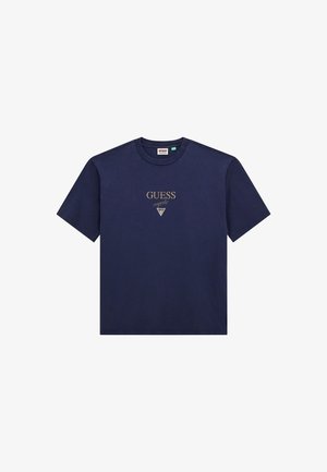 Navy blue short-sleeve t-shirt with "GUESS originals" text and triangular logo in the center front.