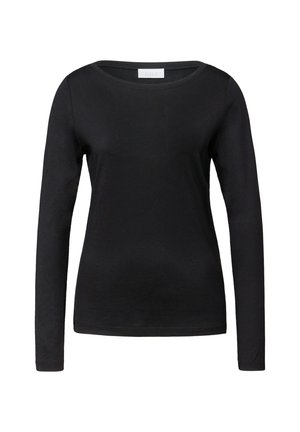 Camisa negra de manga larga hecha de tela suave, con un escote redondo y un diseño ajustado con puños estrechos en las mangas.