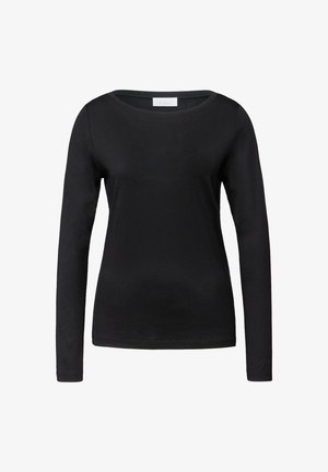 Czarna koszula z długim rękawem wykonana z miękkiego materiału, z okrągłym dekoltem i dopasowanym krojem z wąskimi mankietami przy rękawach.