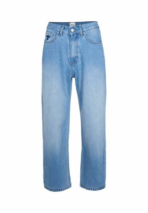 Jeans in denim azzurro chiaro con vestibilità morbida, vita alta e gamba dritta. Presentano una chiusura con bottone e cinque tasche.