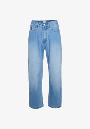 Jeans in denim azzurro chiaro con vestibilità morbida, vita alta e gamba dritta. Presentano una chiusura con bottone e cinque tasche.