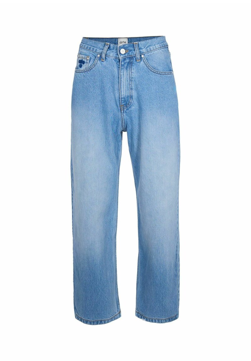Jeans in denim azzurro chiaro con vestibilità morbida, vita alta e gamba dritta. Presentano una chiusura con bottone e cinque tasche.