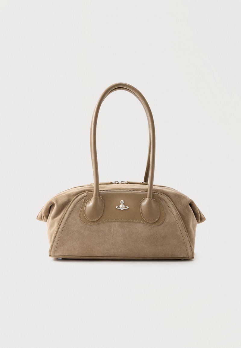 Beige suede handbag with smooth leather handles, zip closure, and a small silver orb emblem on the front.