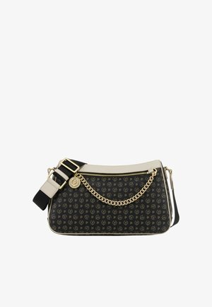 Borsa a tracolla sintetica nera con motivo monogramma oro, dettagli in crema chiaro, catena decorativa e tracolla regolabile. Chiusura con zip.