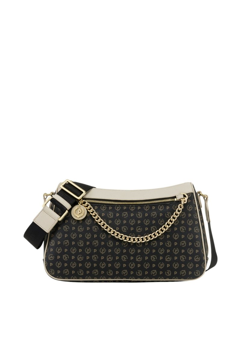 Borsa a tracolla sintetica nera con motivo monogramma oro, dettagli in crema chiaro, catena decorativa e tracolla regolabile. Chiusura con zip.