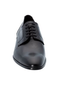 Schwarze Leder-Dressschuhe mit runder Zehenform, flachen Schnürsenkeln und glatter Textur. Sie zeichnen sich durch ein schlankes Design und minimale Akzente aus.