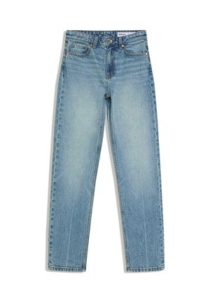 Jean en denim bleu clair à jambes droites avec poches avant, passants pour ceinture, fermeture à bouton et légère décoloration sur les cuisses.