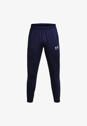 Pantalon de sport bleu marine avec ceinture élastique, jambes fuselées, et logo blanc Under Armour sur la partie supérieure de la cuisse gauche.