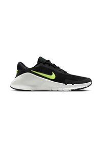 Chaussure de sport noire avec une tige en mesh texturé, swoosh Nike vert et une semelle en caoutchouc blanche. Présente un talon arrondi et des lignes fluides.