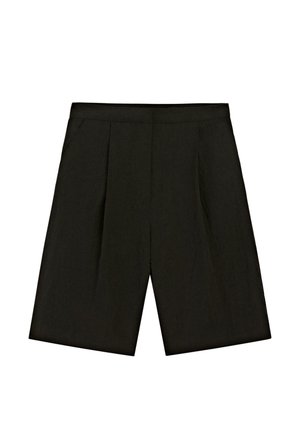 Sorte skræddersyede knælange shorts med frontplisseringer og sidelommer, med en flad linning og struktureret stof.