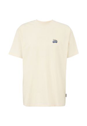 T-shirt a maniche corte color crema con una piccola grafica di un camper blu e tavole da surf sul petto sinistro.