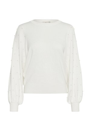 Valge sviiter ümarate kaeluste ja puhvadega varrukatega. Varrukatel on väiksed tekstuuriga täpid. Valmistatud pehmest kudumist.