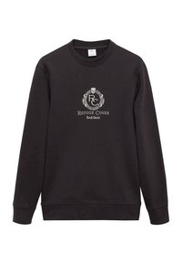 Sudadera negra de mezcla de algodón, con escote redondo, puños y dobladillo acanalados, y un logo central bordado en dorado que dice "Refuge Cover Book Oasis".