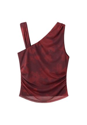 Top en maille rouge asymétrique, sans manches, avec un motif floral sombre subtil et des côtés froncés.