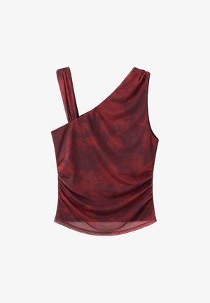 Top en maille rouge asymétrique, sans manches, avec un motif floral sombre subtil et des côtés froncés.