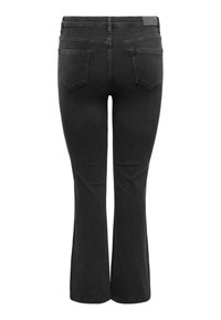 Melnas džinsa bikses ar platu gabalu un gludu faktūru, ar augstu jostu, aizmugurējām kabatām un platu kāju dizainu.