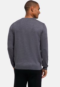 Grau gestrickter Pullover mit langen Ärmeln, gerippten Bündchen und Saum. Rundhalsausschnitt und glatte Textur, von hinten betrachtet.