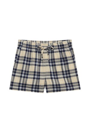 Shorts à motif écossais beige et bleu marine avec une taille élastique et un cordon de serrage à l'avant.