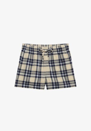 Beige og mørkeblå ternede shorts med elastik i taljen og snøre foran.