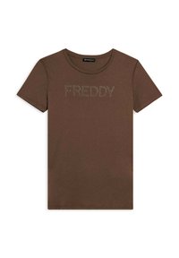 Camiseta marrón de manga corta en algodón suave con cuello redondo y logo "FREDDY" de piedras brillantes en el frente. Diseño sencillo, color sólido.
