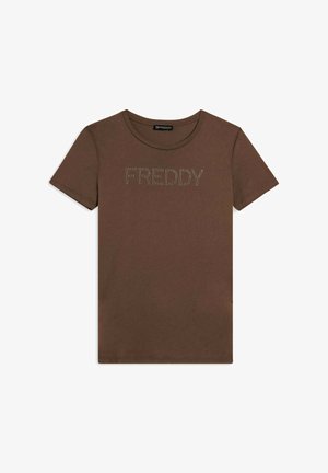 T-shirt marrone a maniche corte in morbido cotone con collo rotondo e logo "FREDDY" in strass sul davanti. Design semplice, colore uniforme.