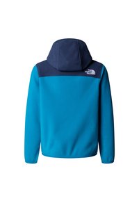 Fleece-hoodie i livfull blå färg, med en marinblå övre del, huva och elastiska muddar. Logotypen är placerad på vänster axel.