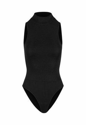 Sort ærmeløs bodysuit med høj hals, glat tekstur og tætsiddende design med en høj skæring ved benåbningen.