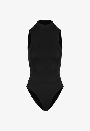 Schwarzer ärmelloser Body mit hohem Hals, glatter Textur und figurbetontem Design mit hochgeschnittenem Beinausschnitt.