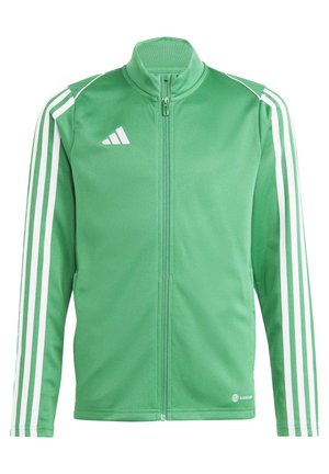 Grüne Zip-Jacke mit hohem Kragen, aus glattem Stoff, mit weißen Streifenakzenten an den Ärmeln und einem kleinen Logo am Saum.