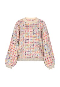 Pullover lavorato a maglia con maniche lunghe e a palloncino, caratterizzato da una trama multicolore nei toni di rosa, blu, giallo e beige. Collo rotondo.